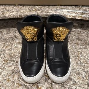 Versace Black Leather Palazzo High Top Sneakers